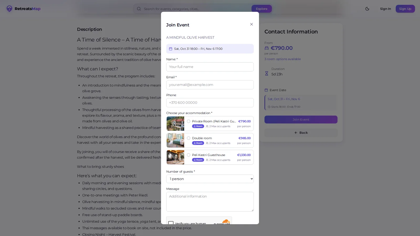 Join form of a retreat on RetreatsMap with accommodation options