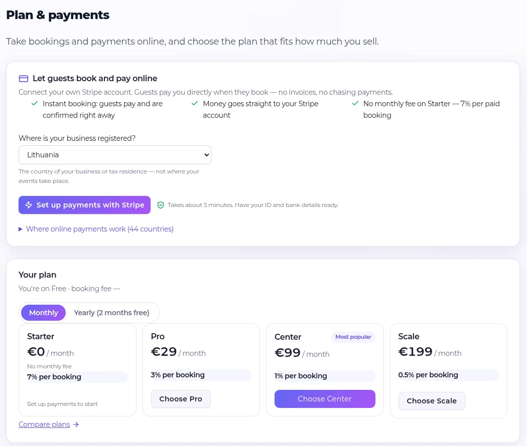 RetreatsMap plan and payments page with Stripe set-up