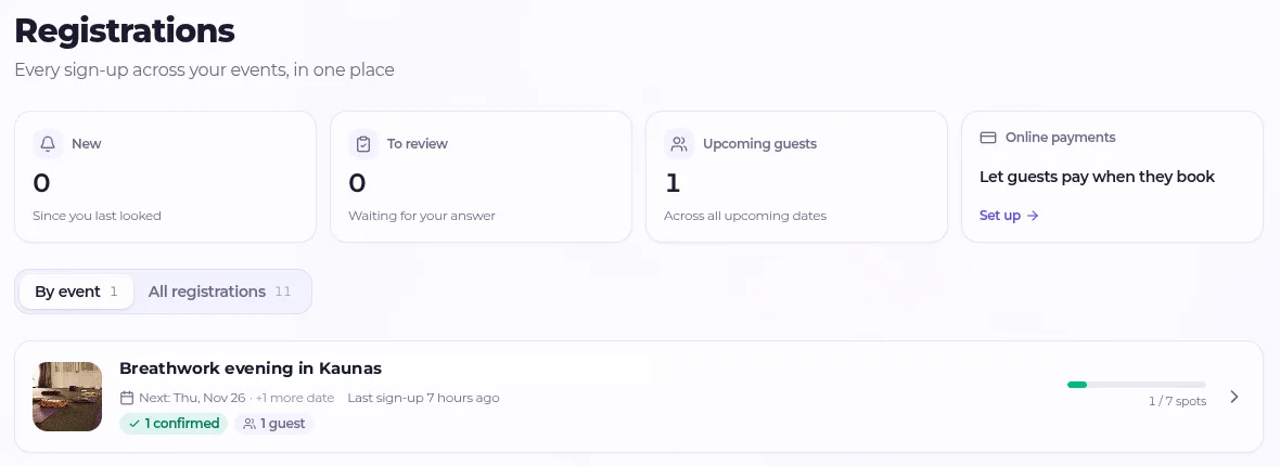 RetreatsMap registrations dashboard: new, to review and upcoming guests
