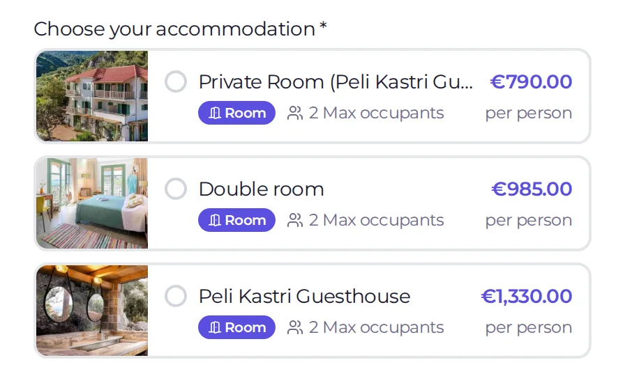 Choosing a room with photo, capacity and price when joining a retreat