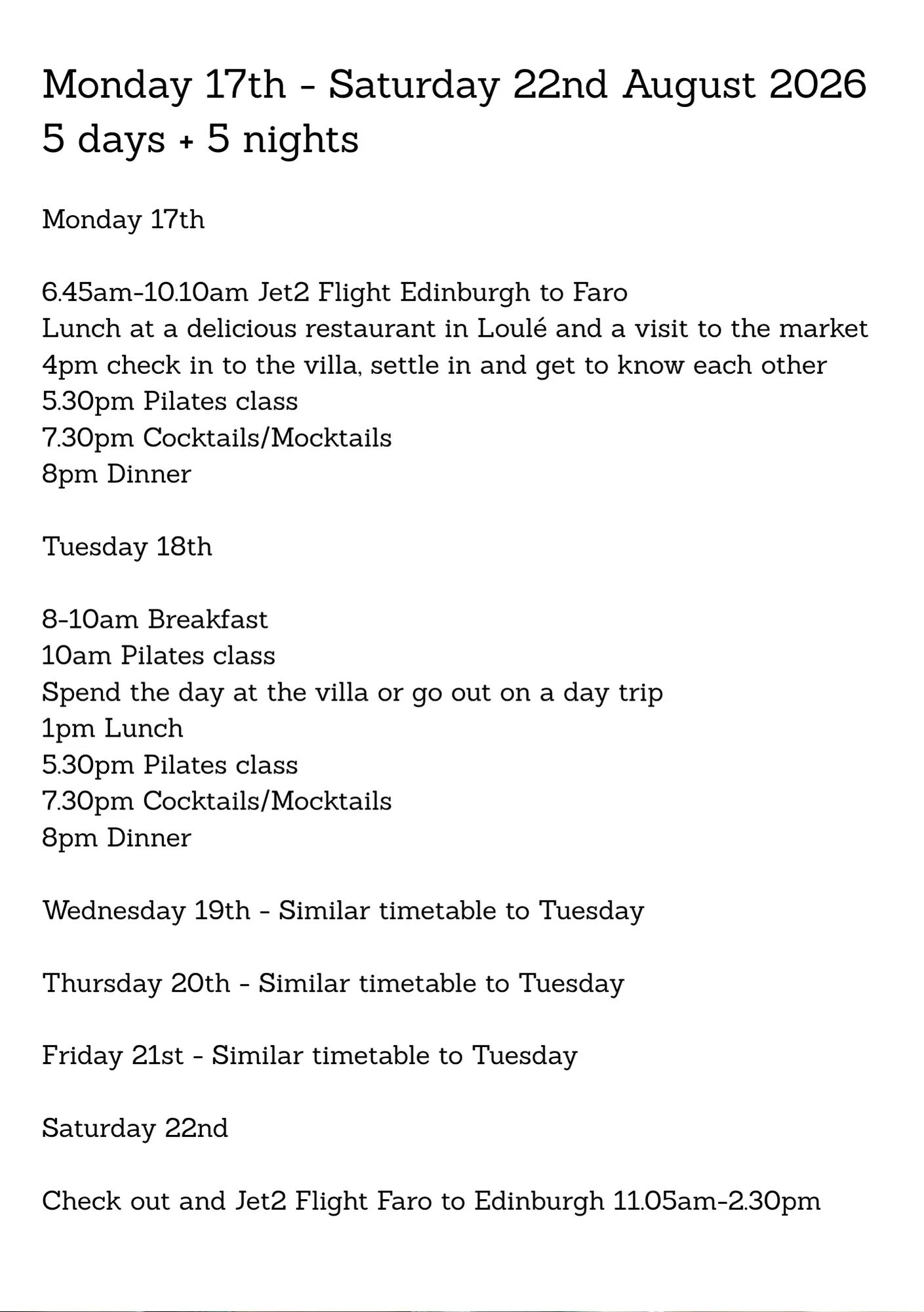Pilates Retreats – Friday 14th - Monday 17th August 2026 - 3 days + 3 nights